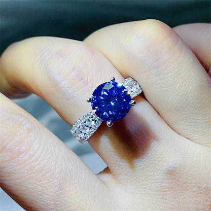 Blue Moissanite Ring for Women, Round Halo-Style Engagement Ring, 2 Carat or 3 Carat Pavé Band