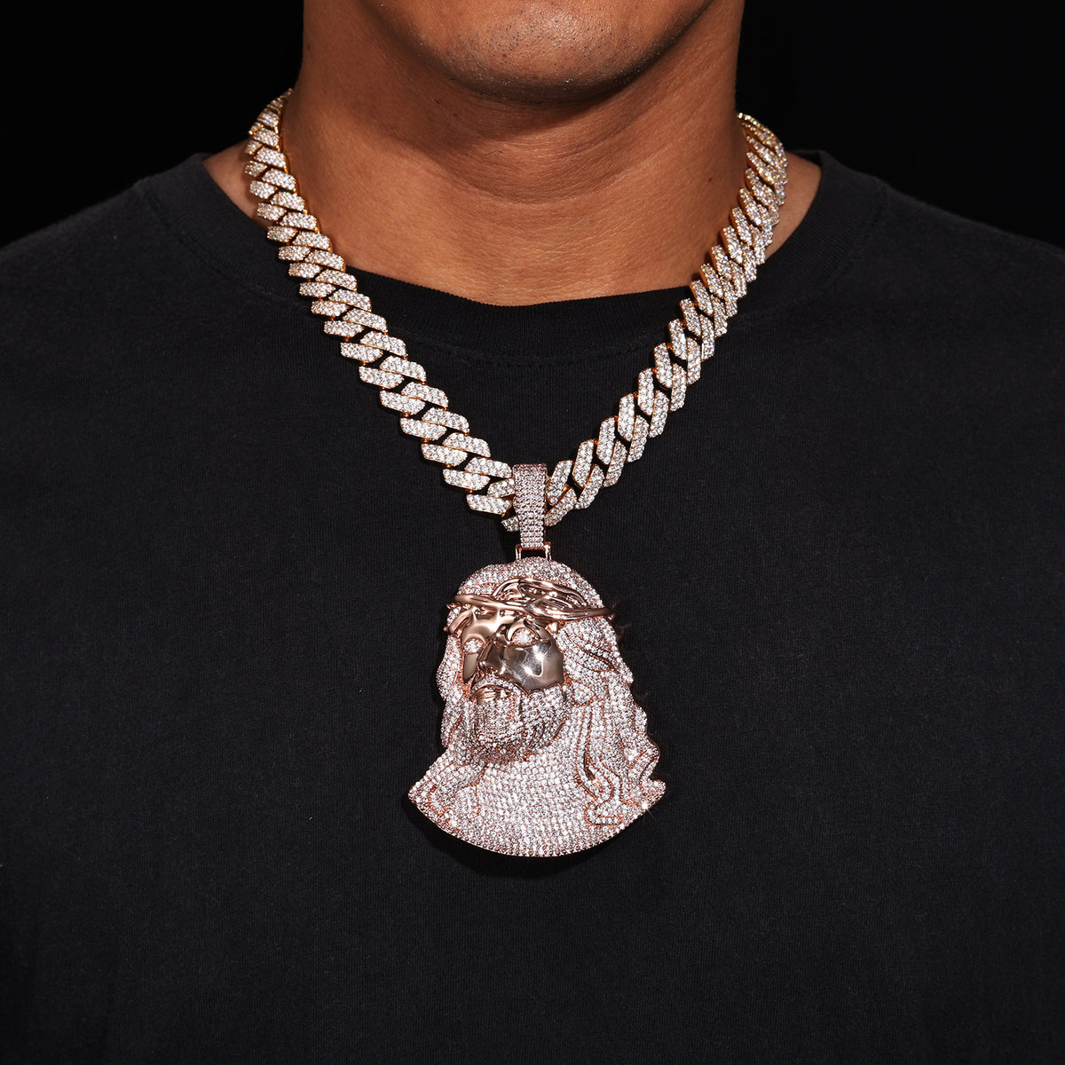 Iced Out Jesus Face Pendant Necklace with Cuban Link Chain, Silver Tone Cubic Zirconia Hip Hop Jewelry product image