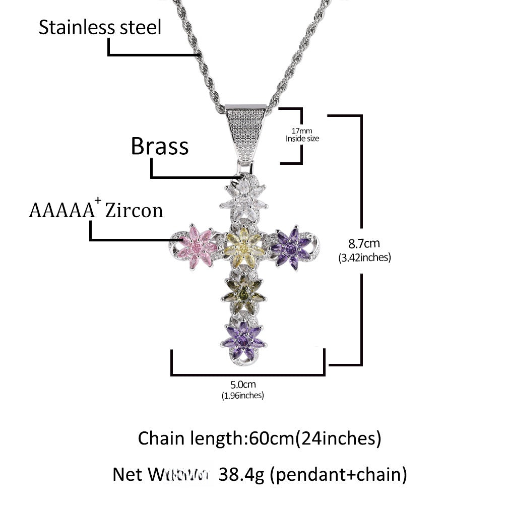 Silver Plated Cross Necklace with Multicolor Cubic Zirconia Pendant - Hip Hop Statement Chain for Women