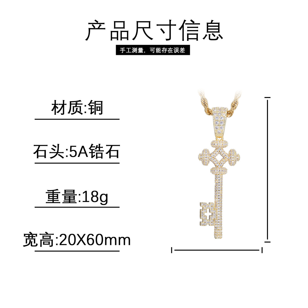 Iced Out Key Pendant Necklace for Women and Men - Geometric Cubic Zirconia Copper Chain Necklace product image