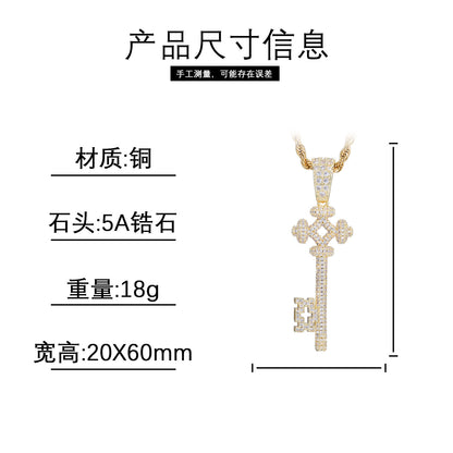 Iced Out Key Pendant Necklace for Women and Men - Geometric Cubic Zirconia Copper Chain Necklace