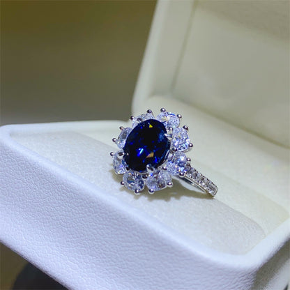 Blue Moissanite Halo Ring for Women, Oval Statement Engagement Ring, Promise Ring Gift