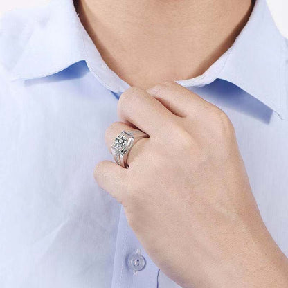 Men’s Moissanite Ring Square Solitaire Wedding Ring White-Tone Band 1 Carat 2 Carat