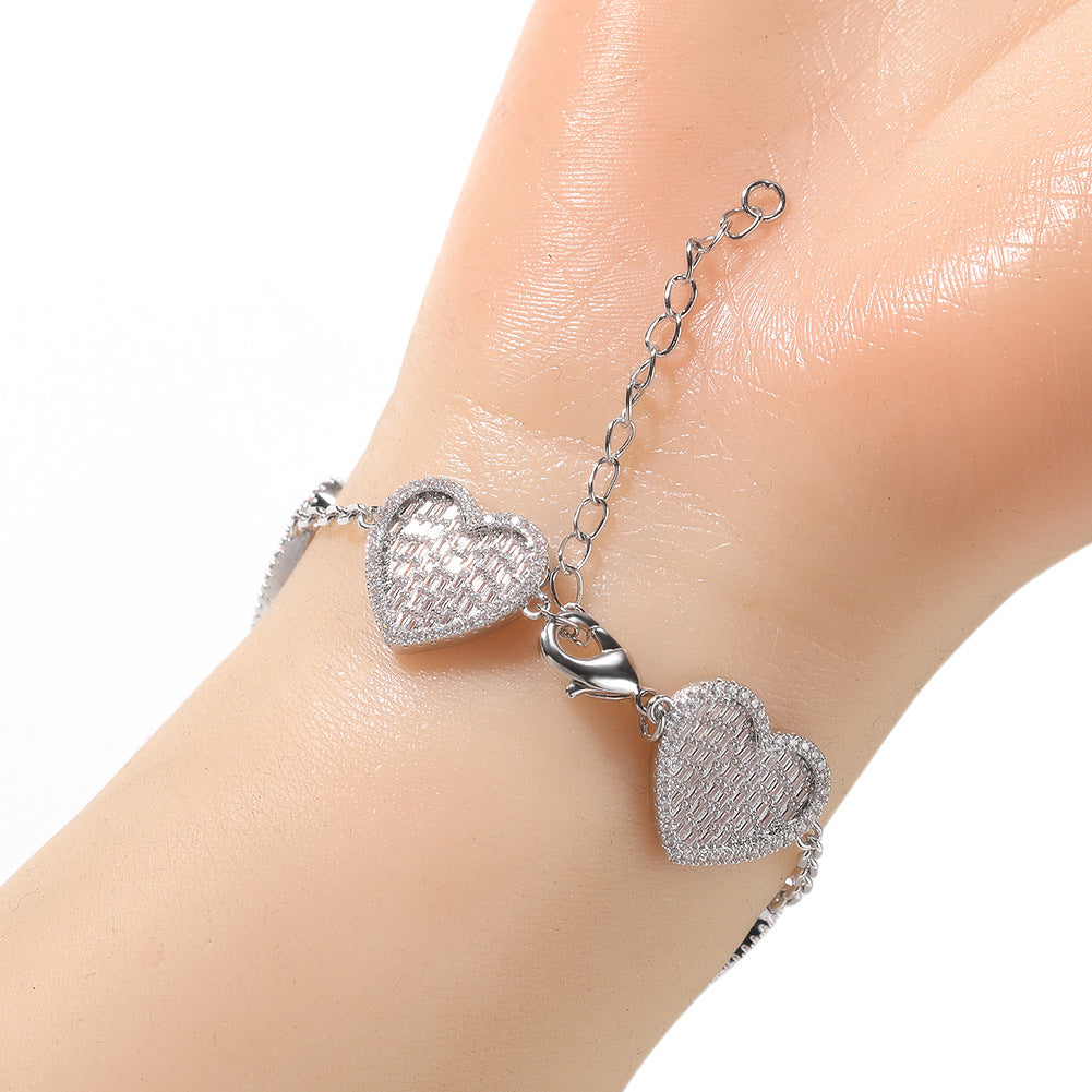Heart Charm Cubic Zirconia Bracelet for Women & Men – Gold Plated or Silver Plated Copper Chain Bracelet, 7 Inch / 8 Inch