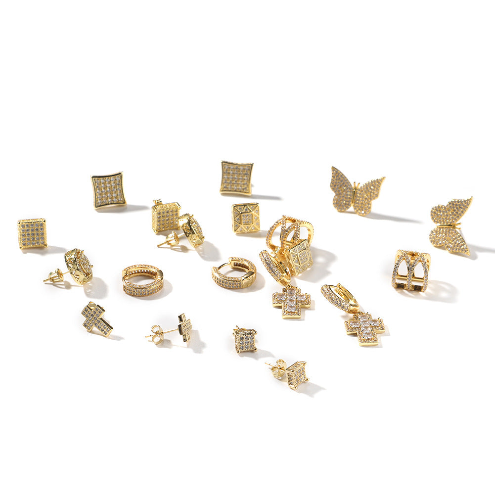 2026 Hip Hop Cubic Zirconia Stud Earrings & Ear Cuffs Set for Women and Men – Square, Cross, Star, Butterfly, Round Hoop Styles in Gold and Silver Tone