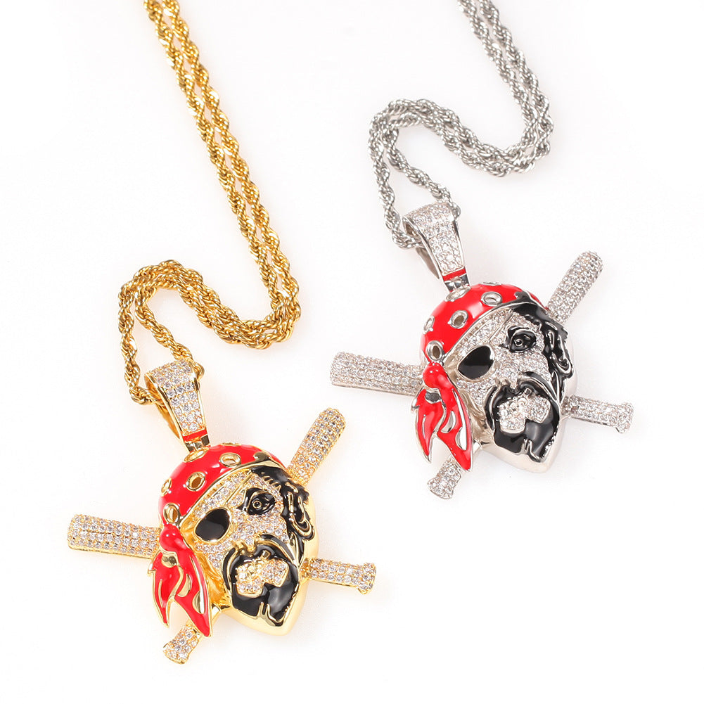 Iced Skull Pirate Pendant Necklace for Women & Men – Gold Plated Copper Chain Necklace with Cubic Zirconia Statement Charm product image