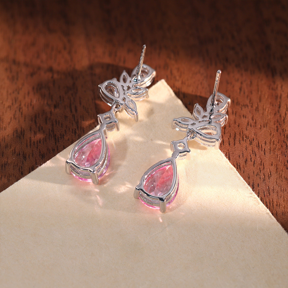 Pink Teardrop Drop Earrings for Women, Floral Crystal Stud Dangle Earrings product image