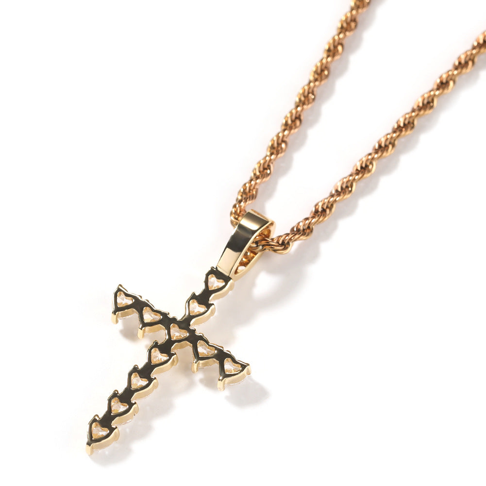 Iced Cross Pendant Necklace for Women and Men - Cubic Zirconia Statement Chain in Gold or Silver, 24 Inch Twist Rope Chain