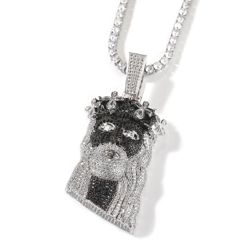 Silver Black Crown Portrait Pendant Necklace with Cubic Zirconia Twisted Chain Statement Jewelry product image