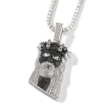 Silver Black Crown Portrait Pendant Necklace with Cubic Zirconia Twisted Chain Statement Jewelry