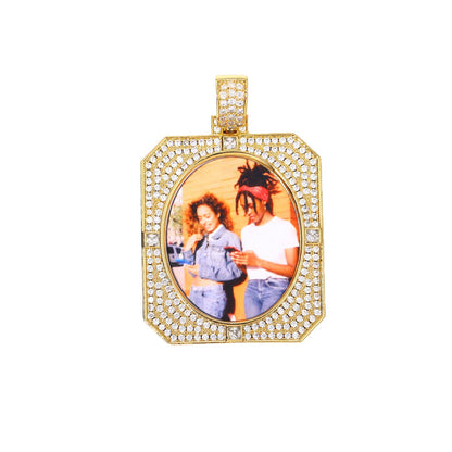Iced Out Photo Pendant Necklace for Men and Women, Geometric Cuban Link Chain, Cubic Zirconia Hip Hop Jewelry