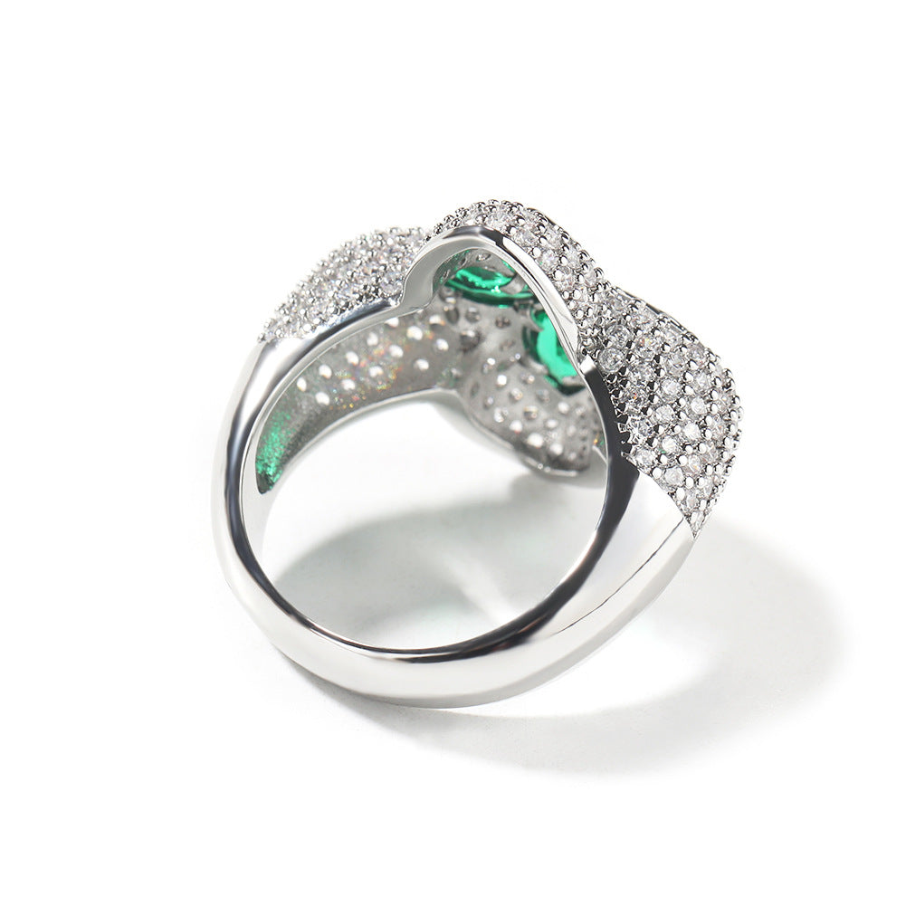 Silver-Tone Clover Flower Ring with Green Crystal Accents and Paved Cubic Zirconia