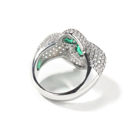 Silver-Tone Clover Flower Ring with Green Crystal Accents and Paved Cubic Zirconia