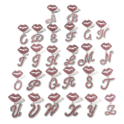 Personalized A-Z Letter Pendant Necklace with Red Crystal Lips Charm - Silver Plated Initial Chain for Women & Men