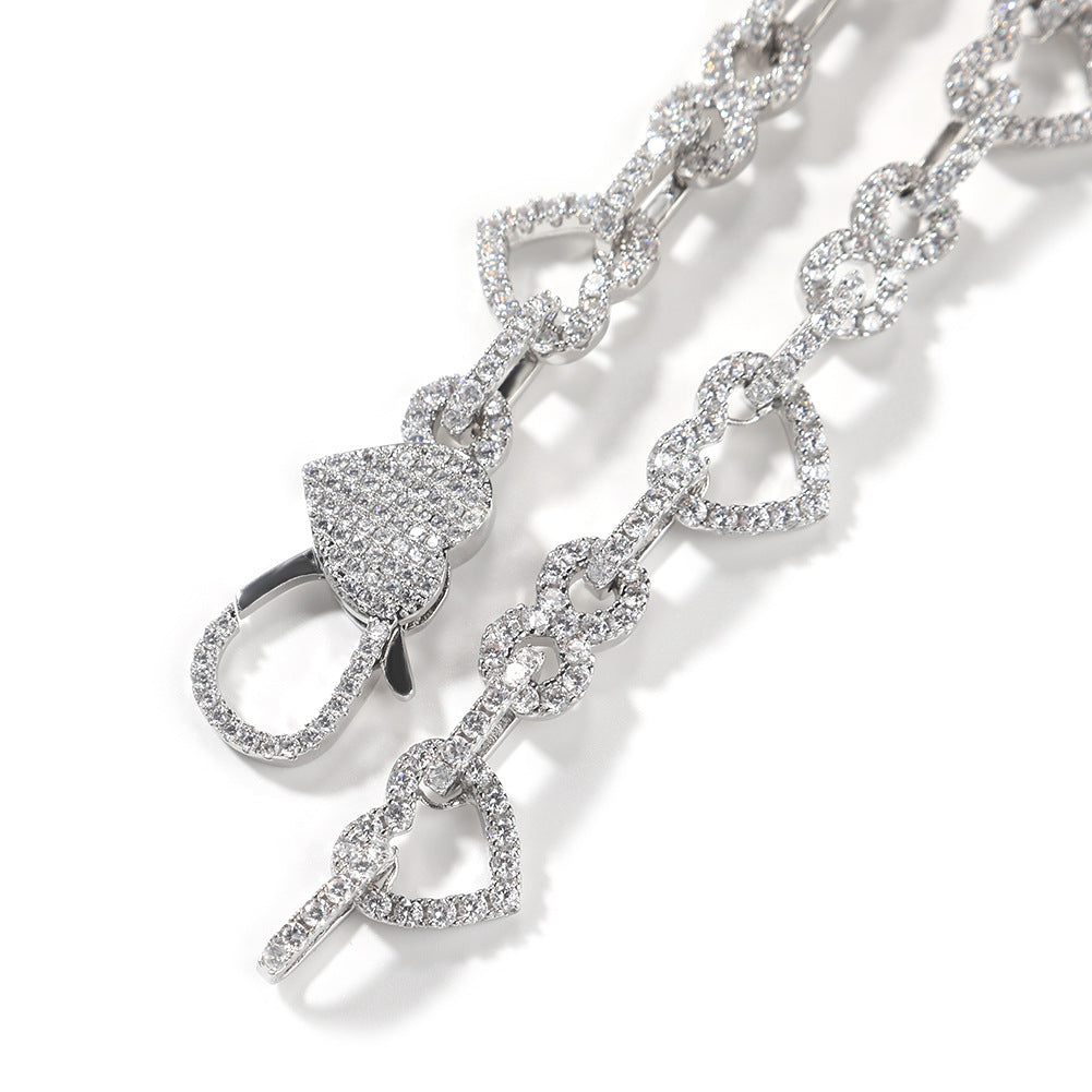 Heart Link Cubic Zirconia Chain Necklace Bracelet for Women & Men, Gold or Silver Color Statement Jewelry