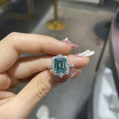 Green Moissanite Halo Ring, 8x10mm 4 Carat Emerald Cut, S925 Gold-Plated Ring for Women