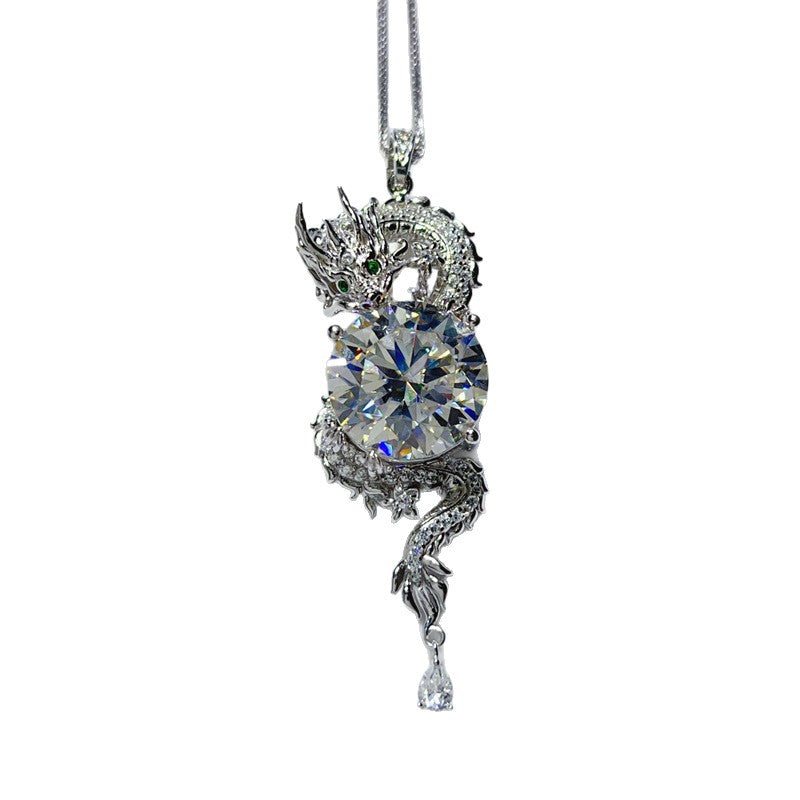 Dragon Moissanite Pendant Necklace 10 Carat Round Stone Silver Chain Statement Necklace product image