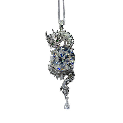 Dragon Moissanite Pendant Necklace 10 Carat Round Stone Silver Chain Statement Necklace