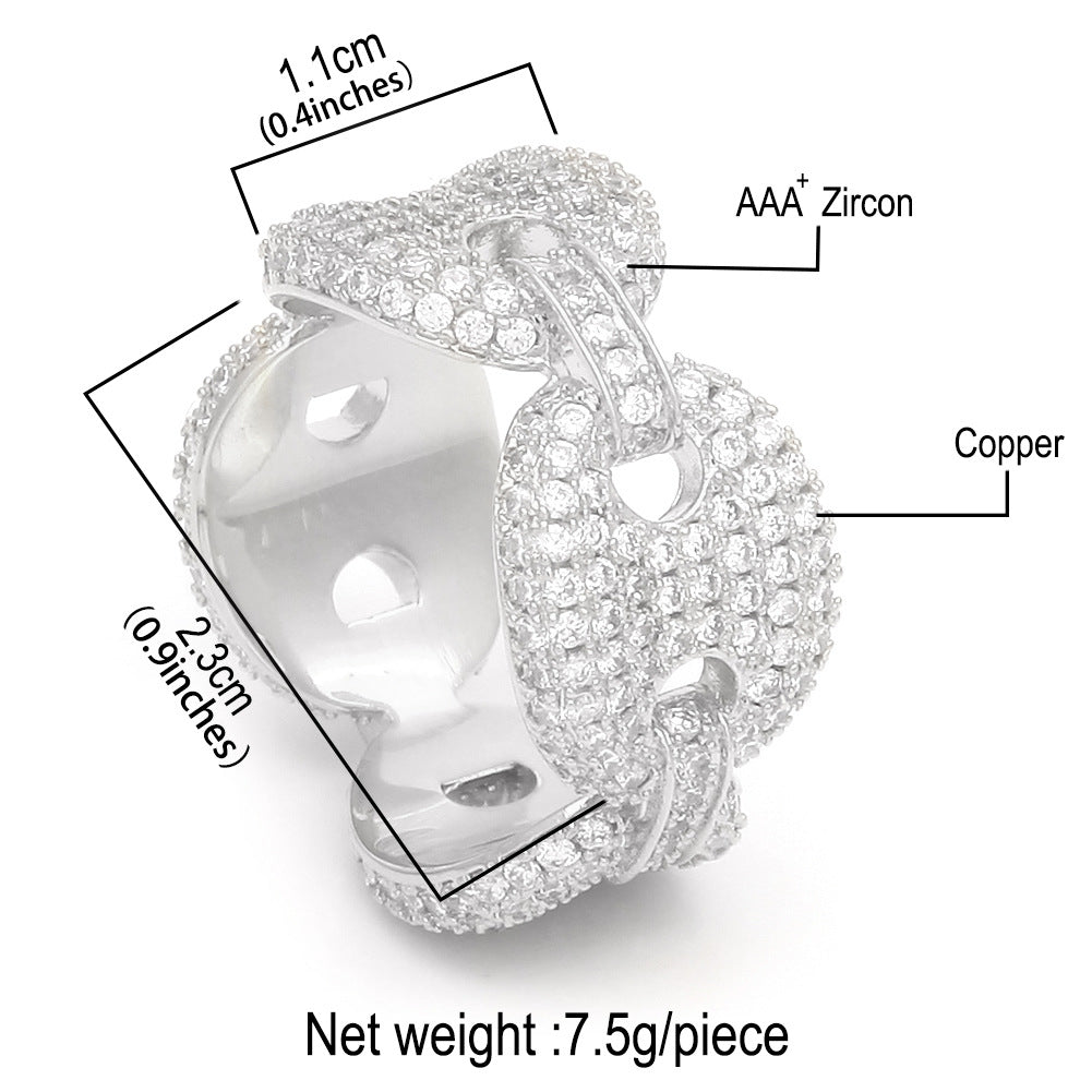 Unisex Iced Cuban Link Ring with Clear Cubic Zirconia – Gold Plated or Silver Plated Statement Chain Ring