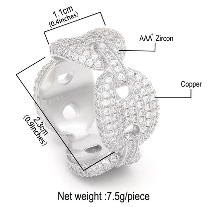 Unisex Iced Cuban Link Ring with Clear Cubic Zirconia – Gold Plated or Silver Plated Statement Chain Ring