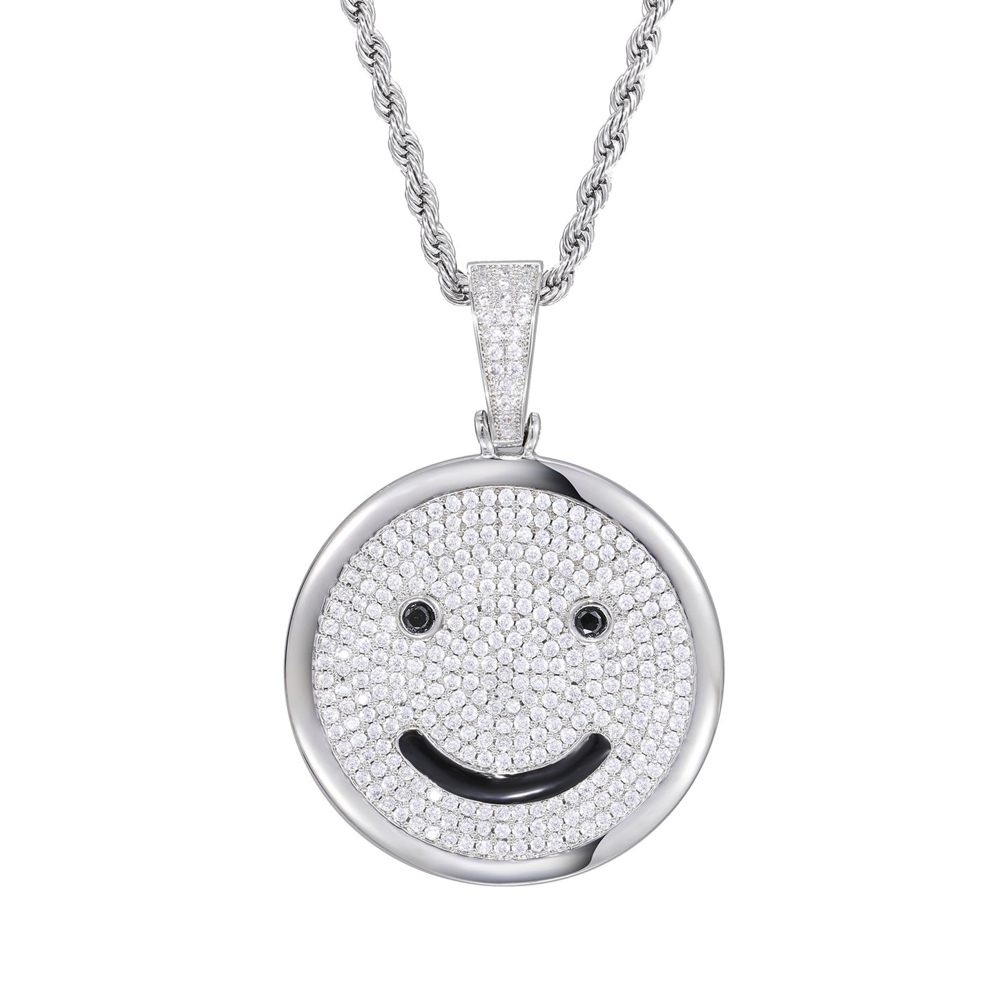 Iced Out Smiley Face Pendant Necklace, Rope Chain Hip Hop Zircon Jewelry product image