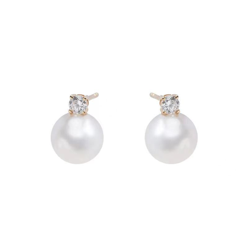 18K Gold Akoya Seawater Pearl Stud Earrings with Crystal Accent, 8-9mm / 9-10mm