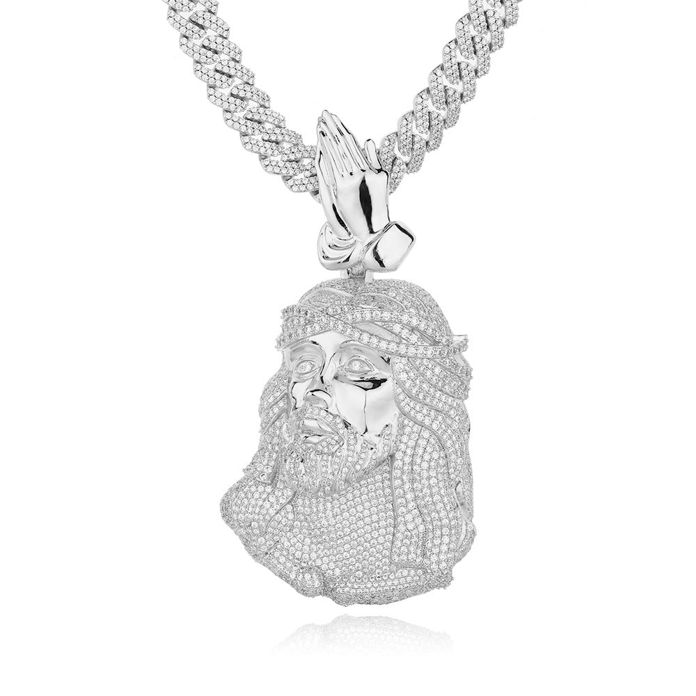 Men's Hip Hop Jesus Pendant Necklace with Praying Hands and Zircon Detail
