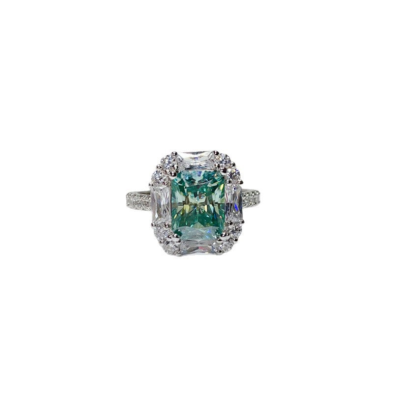 3 Carat Green Radiant Cut Moissanite Halo Ring for Women, Geometric Engagement Ring, Rectangular Statement Ring product image