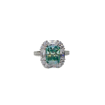 3 Carat Green Radiant Cut Moissanite Halo Ring for Women, Geometric Engagement Ring, Rectangular Statement Ring