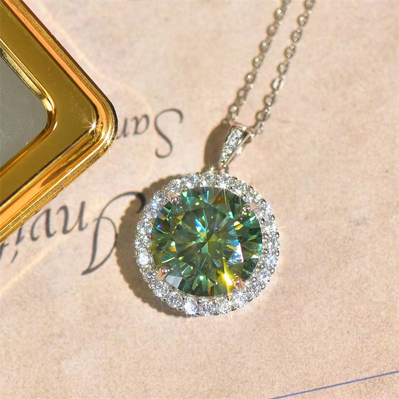 Green Moissanite Halo Pendant Necklace, Round Cut Sparkling Jewelry for Women product image