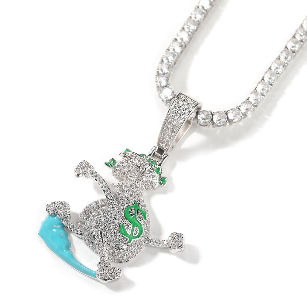 Men’s Cartoon Money Bag Pendant Necklace with Cubic Zirconia Twisted Chain - Gold Plated or Silver Plated Hip Hop Statement Jewelry