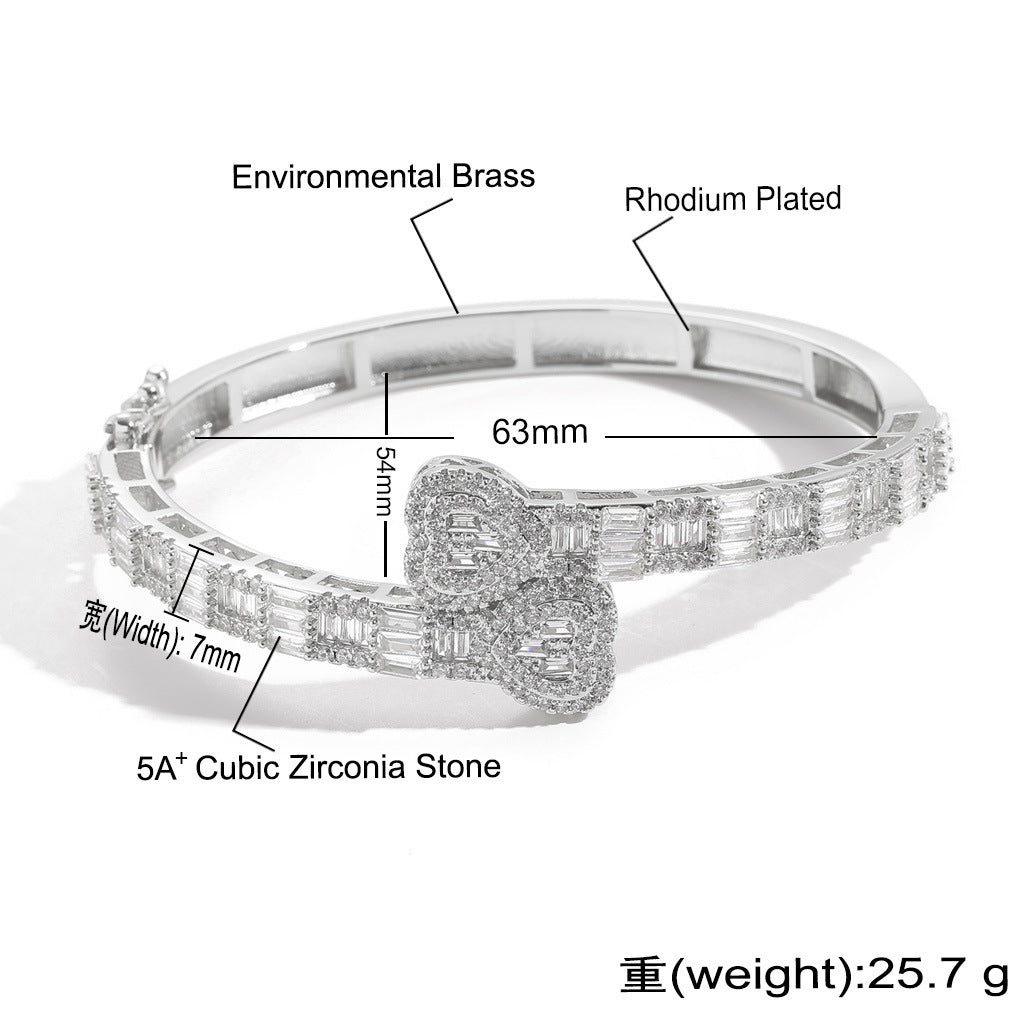 Hip Hop Light Luxury Heart Square Cubic Zirconia Bracelet for Men and Women