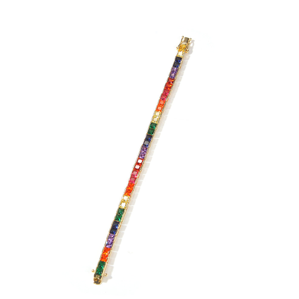 Gold Plated Rainbow Cubic Zirconia Tennis Bracelet for Women - Trendy Geometric Statement Chain Bracelet