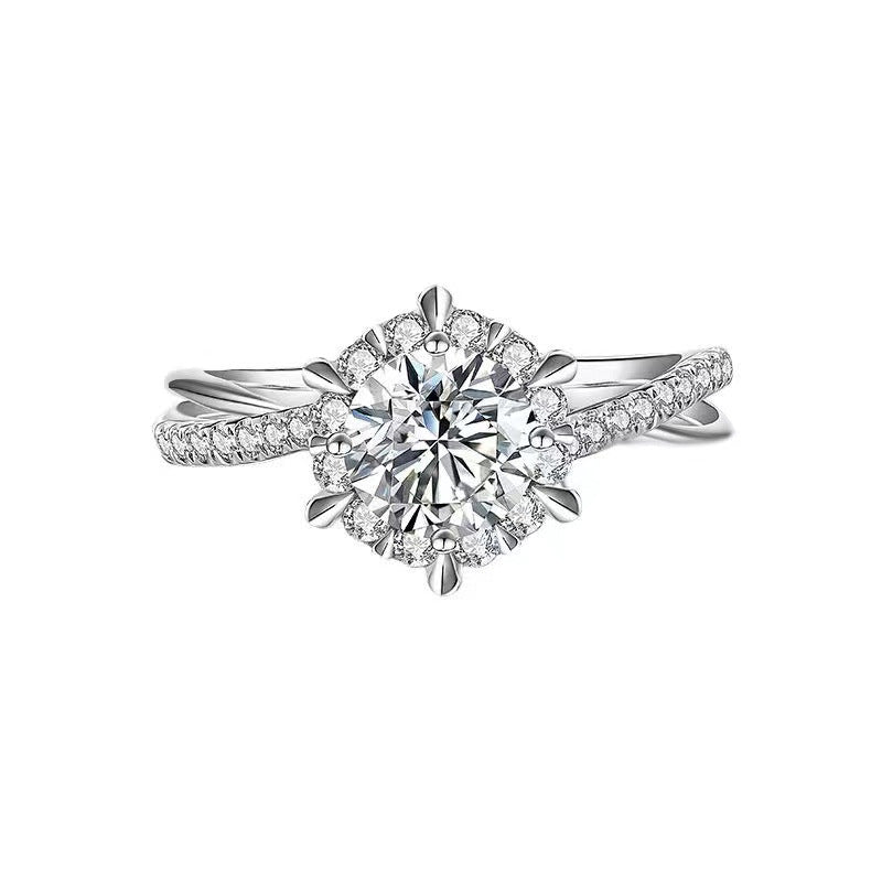 Moissanite Halo Ring for Women, Round Engagement Ring with Pave Band, Promise Ring Sizes 9-19 product image