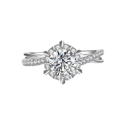 Moissanite Halo Ring for Women, Round Engagement Ring with Pave Band, Promise Ring Sizes 9-19