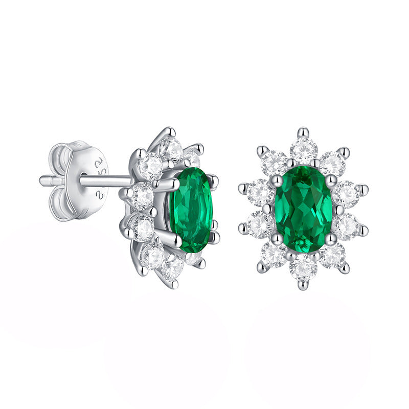 Lab-Created Emerald Oval Halo Stud Earrings, S925 Silver product image
