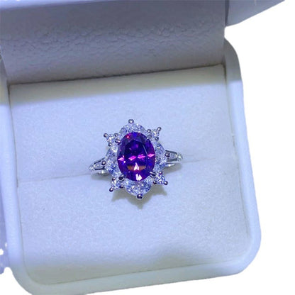 Purple Oval Moissanite Ring for Women, 2 Carat Halo Engagement Ring, U-Shaped Statement Ring