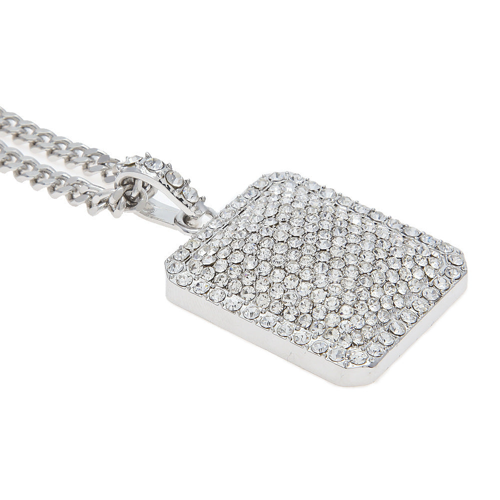 Iced Out Rectangle Pendant Necklace with Cuban Chain for Women and Men, Gold or Silver Crystal Statement Chain