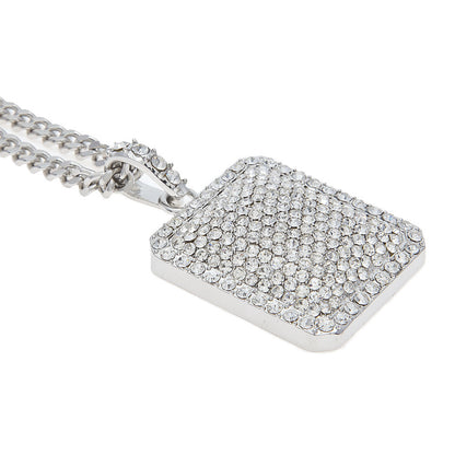 Iced Out Rectangle Pendant Necklace with Cuban Chain for Women and Men, Gold or Silver Crystal Statement Chain