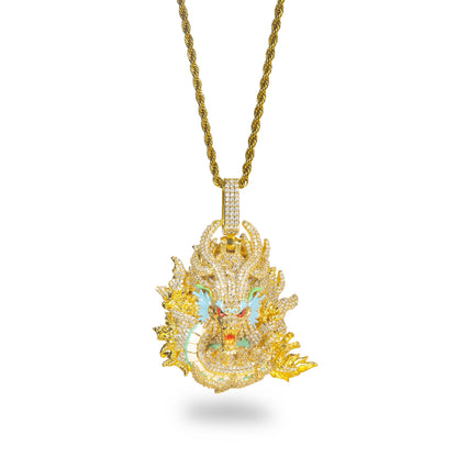 Iced Out Dragon Pendant Necklace, Hip Hop Rope Chain, Animal Statement Jewelry