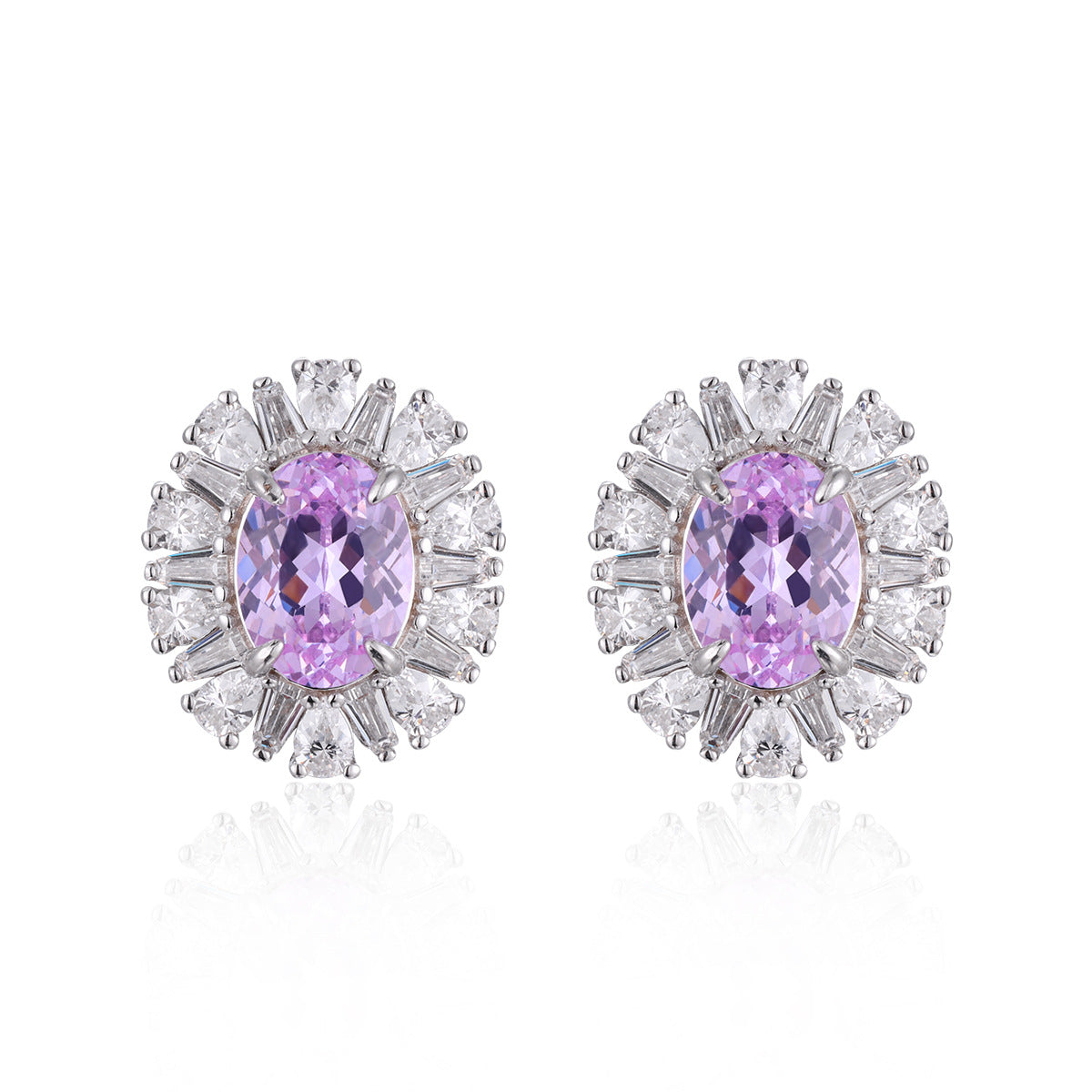 925 Silver Lab-Grown Purple Oval Halo Jewelry Set, Necklace Ring Stud Earrings product image