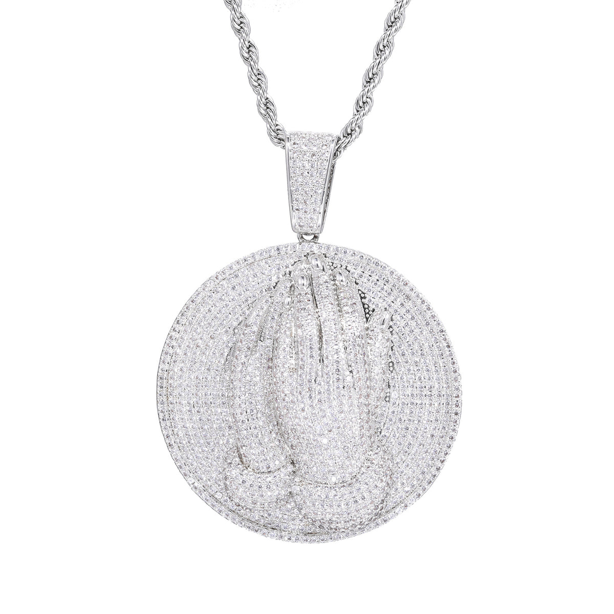 Men's Praying Hands Pendant Necklace, Iced Out CZ Round Medallion Chain product image