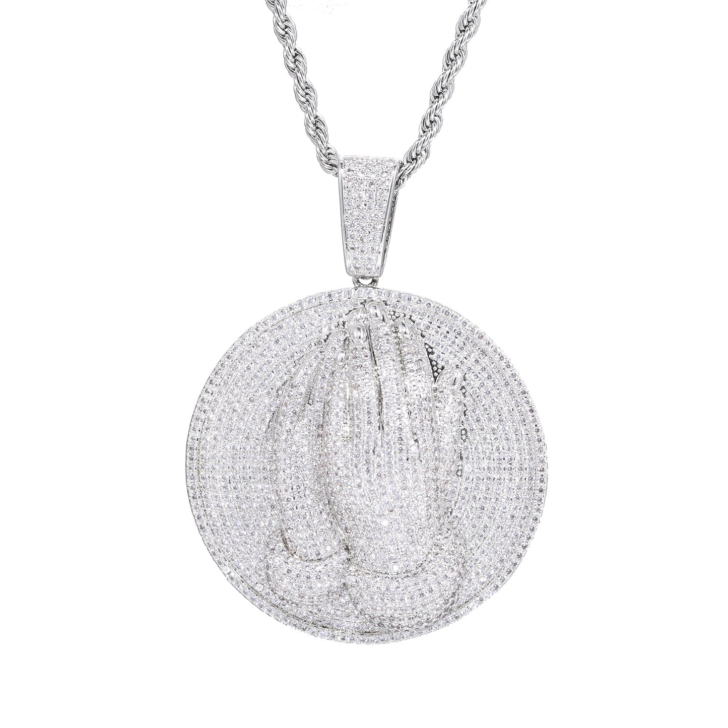 Men's Praying Hands Pendant Necklace, Iced Out CZ Round Medallion Chain product image