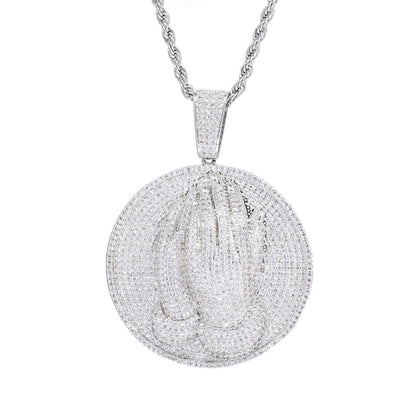 Men's Praying Hands Pendant Necklace, Iced Out CZ Round Medallion Chain