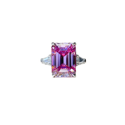 Pink Moissanite Ring for Women, Geometric Rectangle Engagement Ring with Side Stones