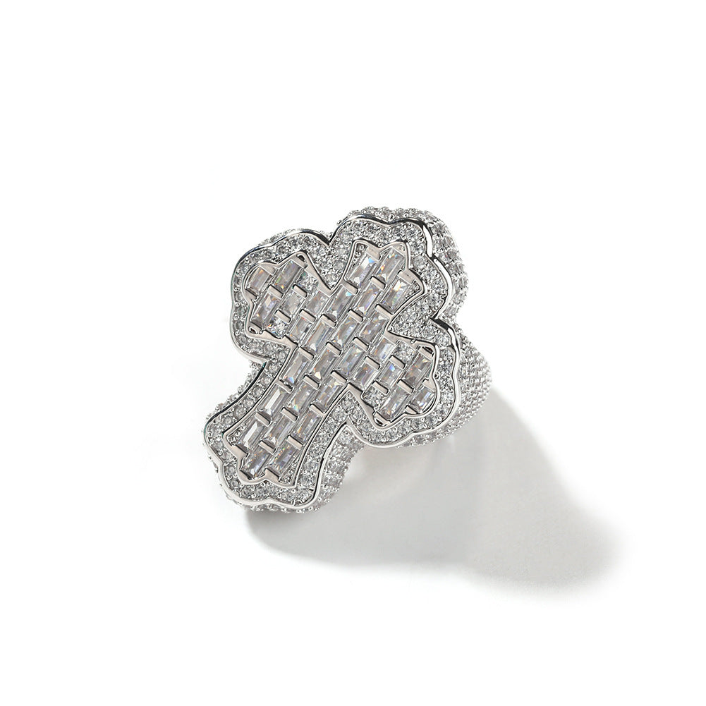 Unisex Iced Cross Ring with Cubic Zirconia, Gold Plated or Silver Plated Statement Ring