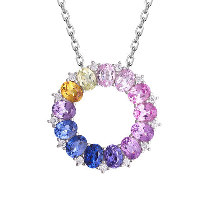Rainbow Circle Pendant Necklace, S925 Silver Colored Stone Halo for Women