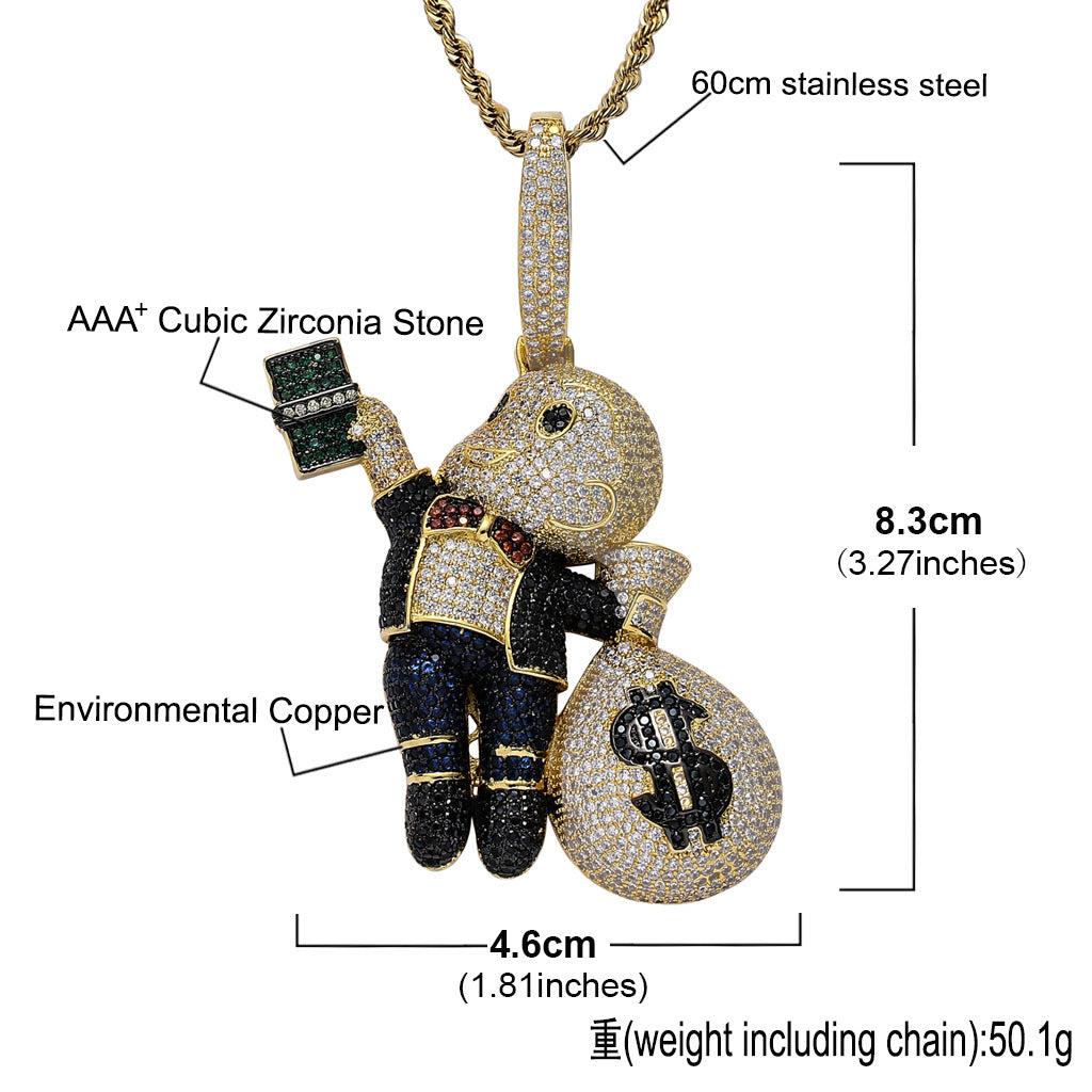 Hip Hop Dollar Money Bag Cubic Zirconia Pendant Necklace for Men and Women