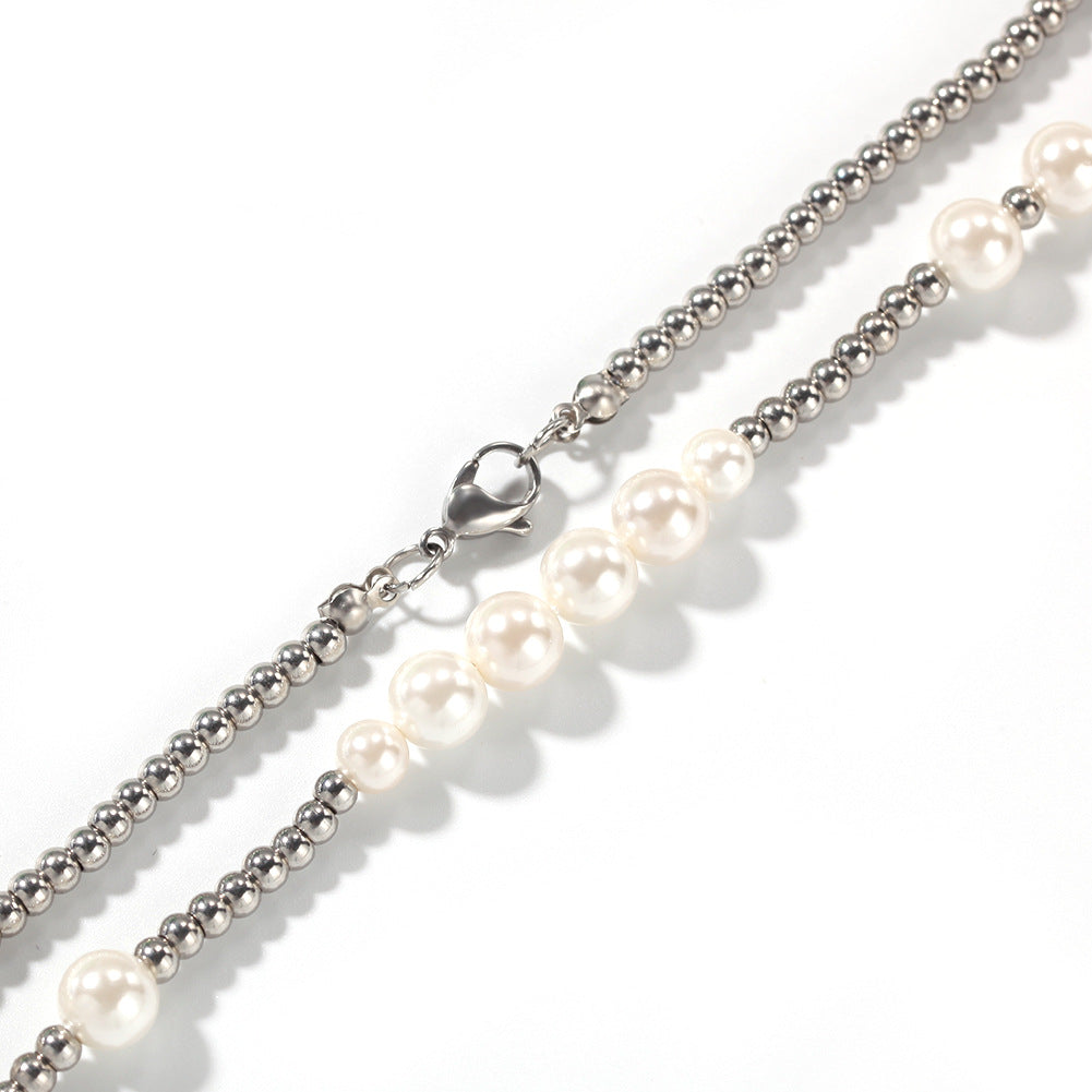Unisex Layered Pearl Chain Necklace – Trendy Statement Pendant Necklace in Silver-Plated Line Design
