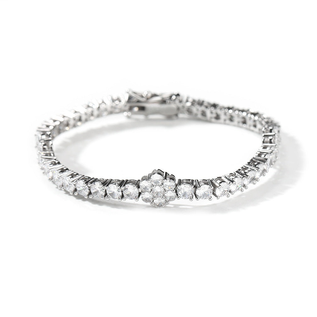 Unisex Iced Out Cubic Zirconia Flower Chain Bracelet & Necklace Set in Gold or Silver Tone product image